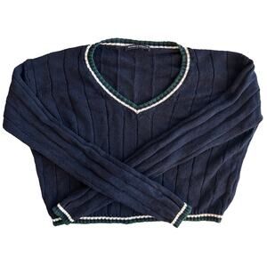 Brandy Melville Wool V Neck Varsity Nikki Sweater navy blue white green Womens